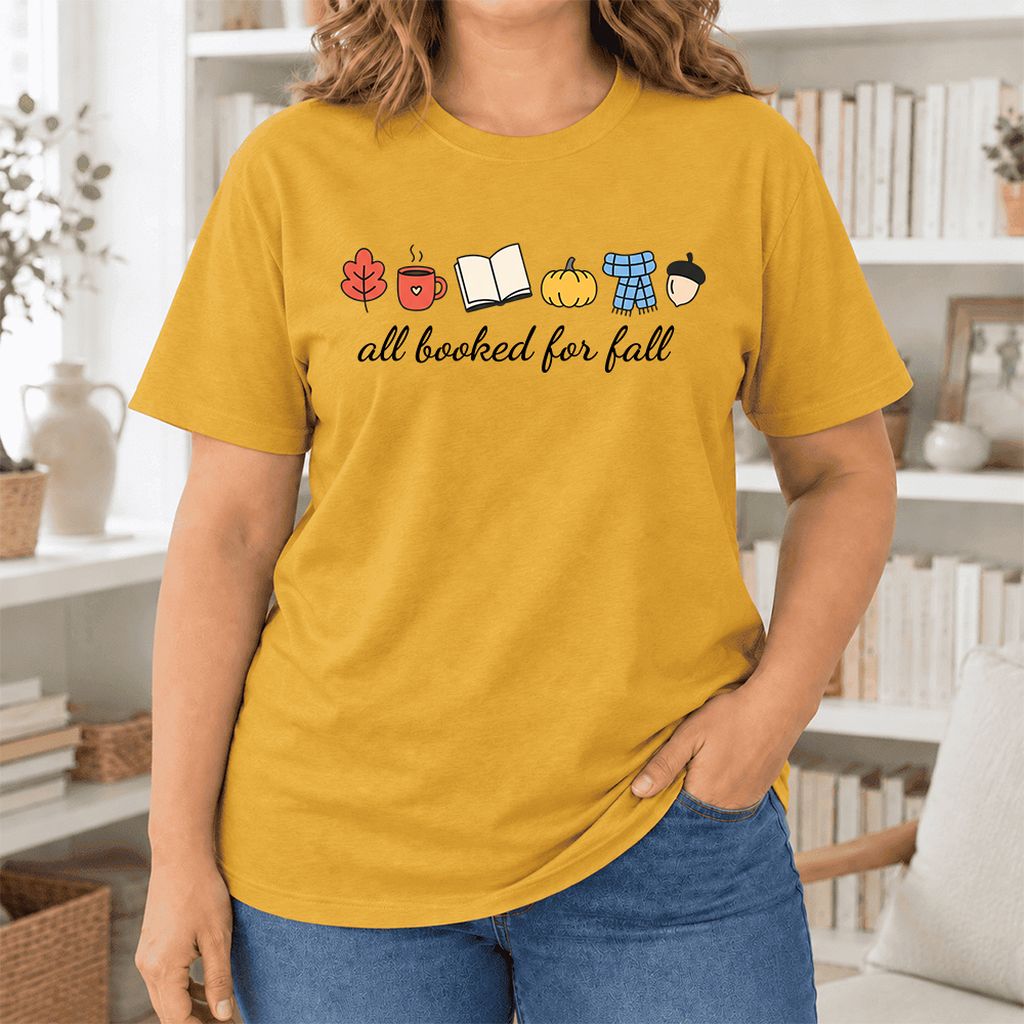 All Booked For Fall Ultra-Soft Cotton T-Shirt | Cozy Book Lover Gift Mustard