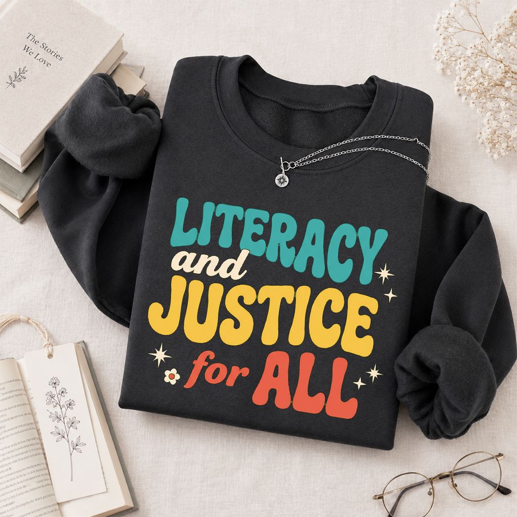 Literacy And Justice For All Printed Sweatshirt | Banned Books Book Lover Gift Dark Heather
