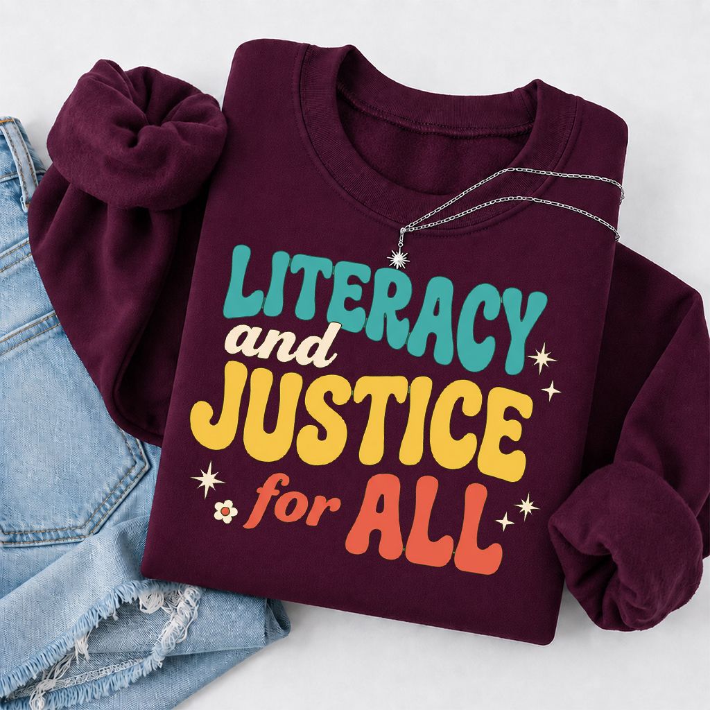 Literacy And Justice For All Printed Sweatshirt | Banned Books Book Lover Gift Maroon