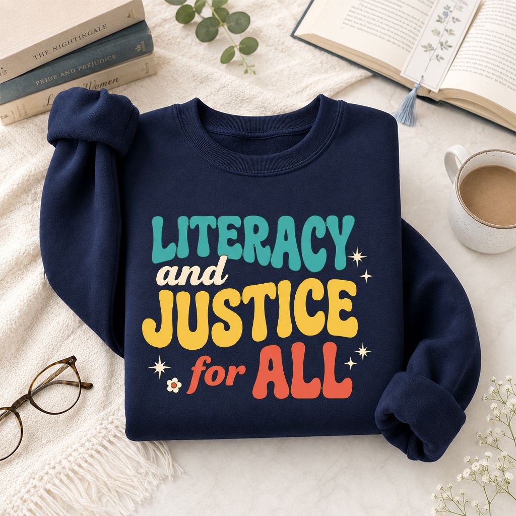Literacy And Justice For All Printed Sweatshirt | Banned Books Book Lover Gift Navy