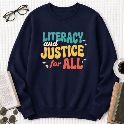Literacy And Justice For All Printed Sweatshirt | Banned Books Book Lover Gift Navy