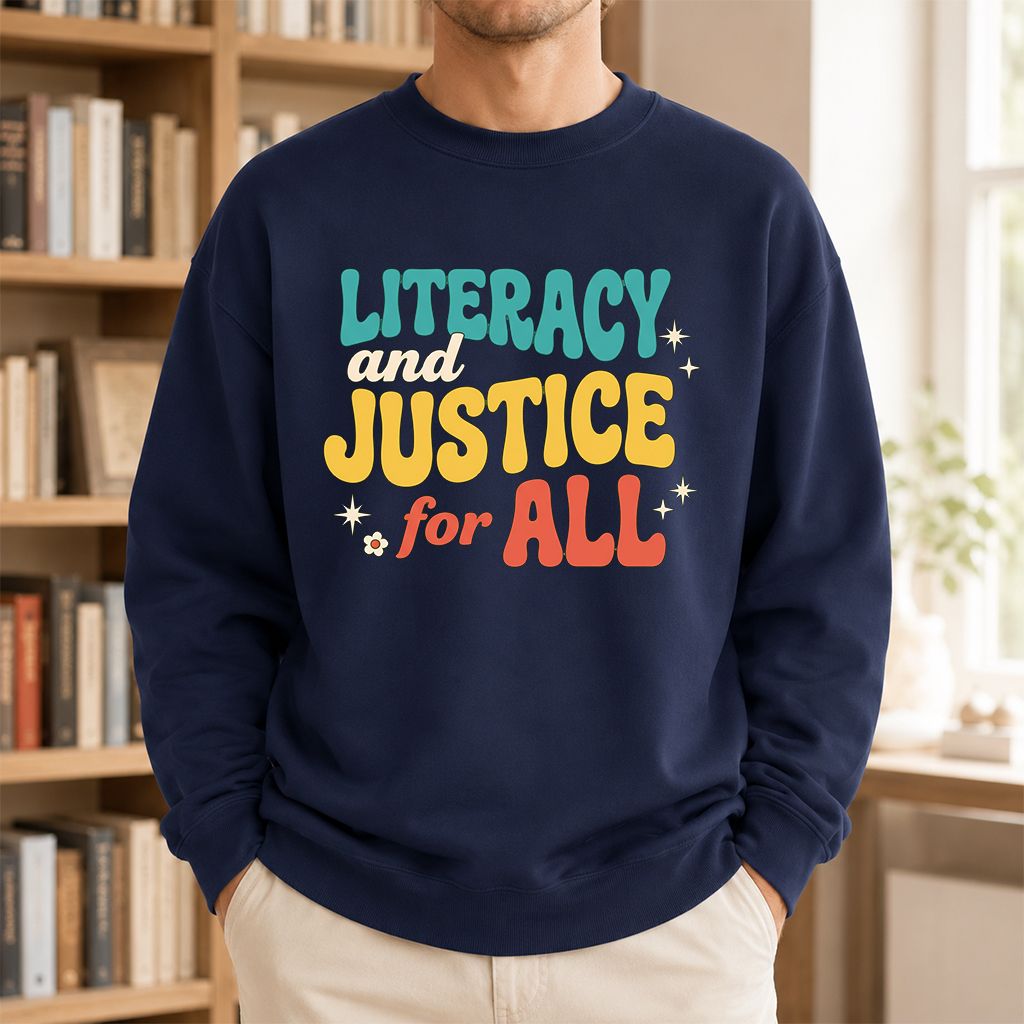 Literacy And Justice For All Printed Sweatshirt | Banned Books Book Lover Gift Navy