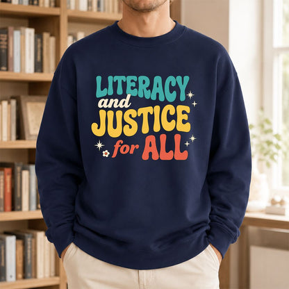 Literacy And Justice For All Printed Sweatshirt | Banned Books Book Lover Gift Navy