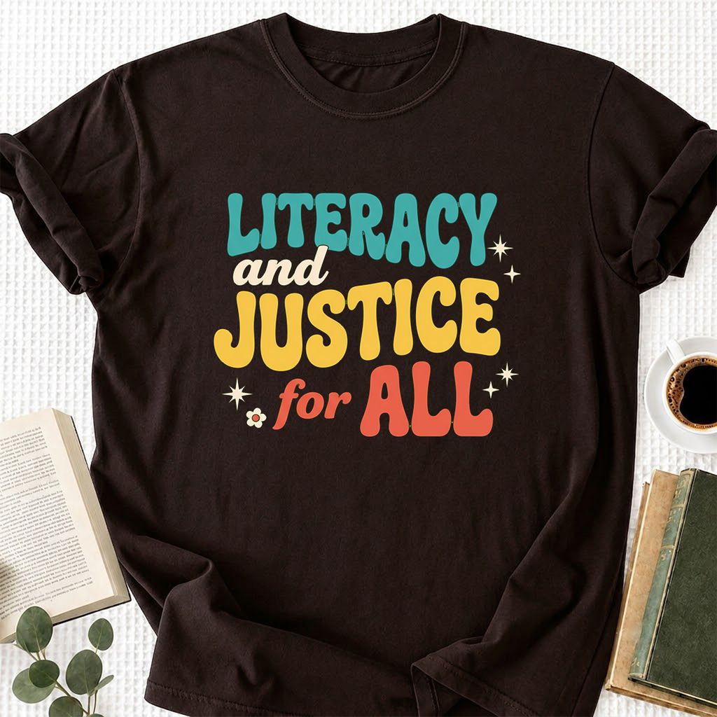 Literacy And Justice For All Printed T-Shirt | Banned Books Book Lover Gift Dark Chocolate