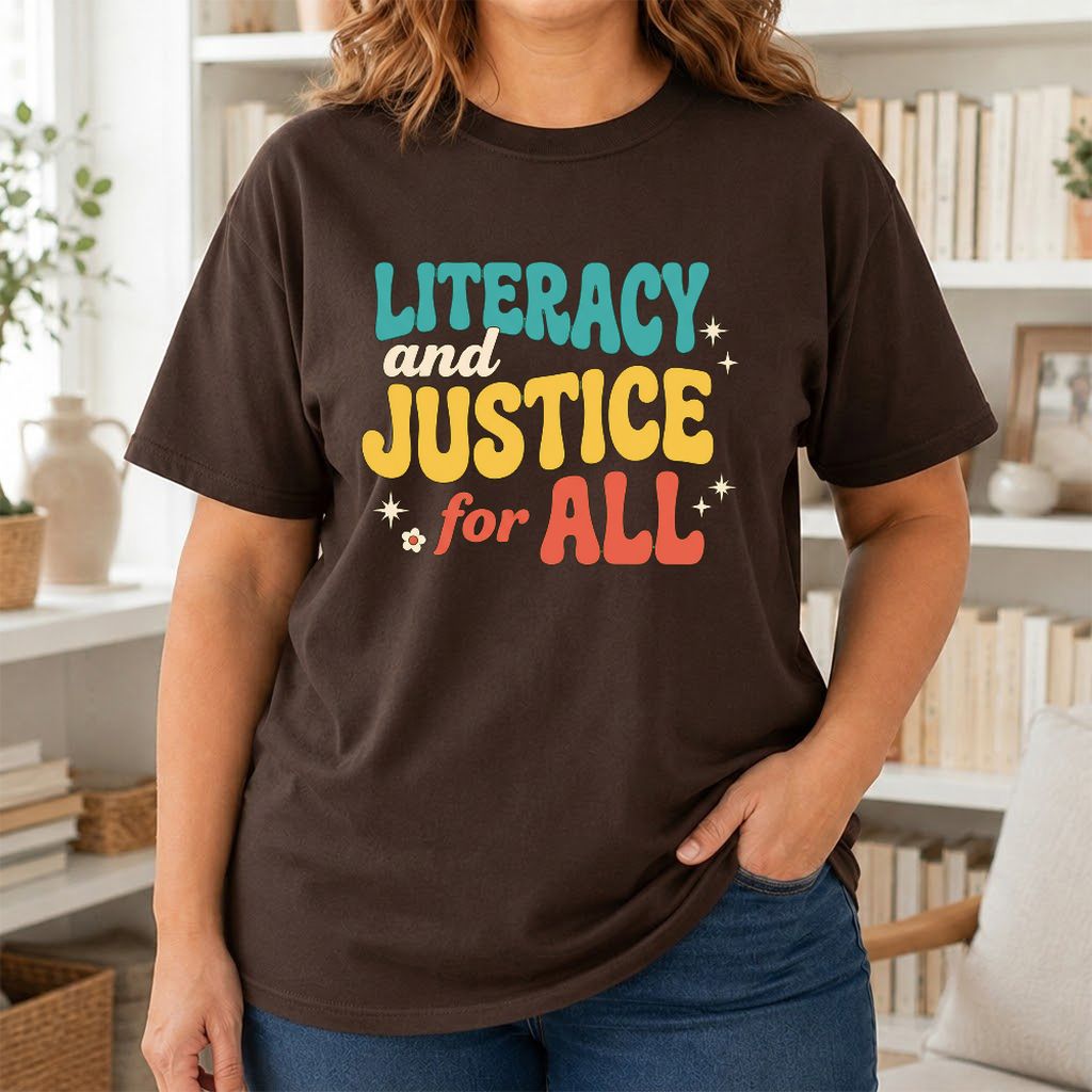 Literacy And Justice For All Printed T-Shirt | Banned Books Book Lover Gift Dark Chocolate
