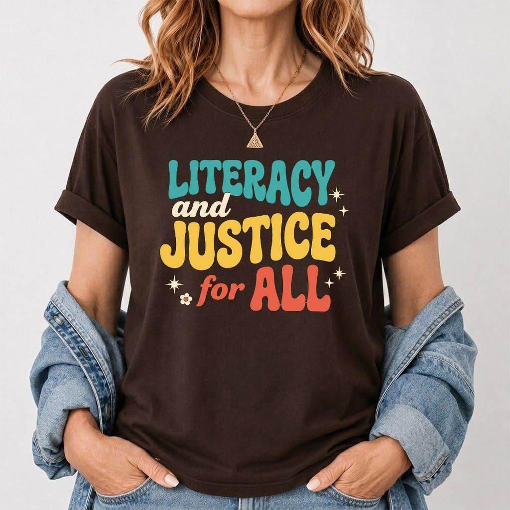 Literacy And Justice For All Printed T-Shirt | Banned Books Book Lover Gift Dark Chocolate