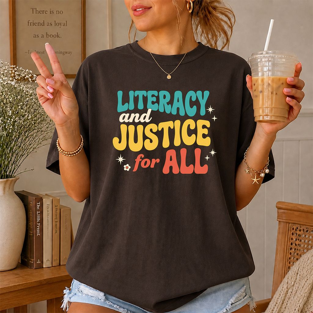 Literacy And Justice For All Printed T-Shirt | Banned Books Book Lover Gift Dark Chocolate