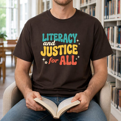 Literacy And Justice For All Printed T-Shirt | Banned Books Book Lover Gift Dark Chocolate