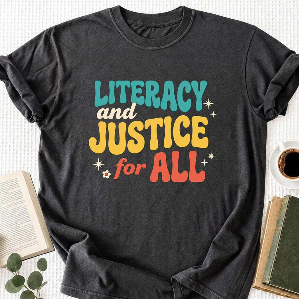 Literacy And Justice For All Printed T-Shirt | Banned Books Book Lover Gift Dark Heather