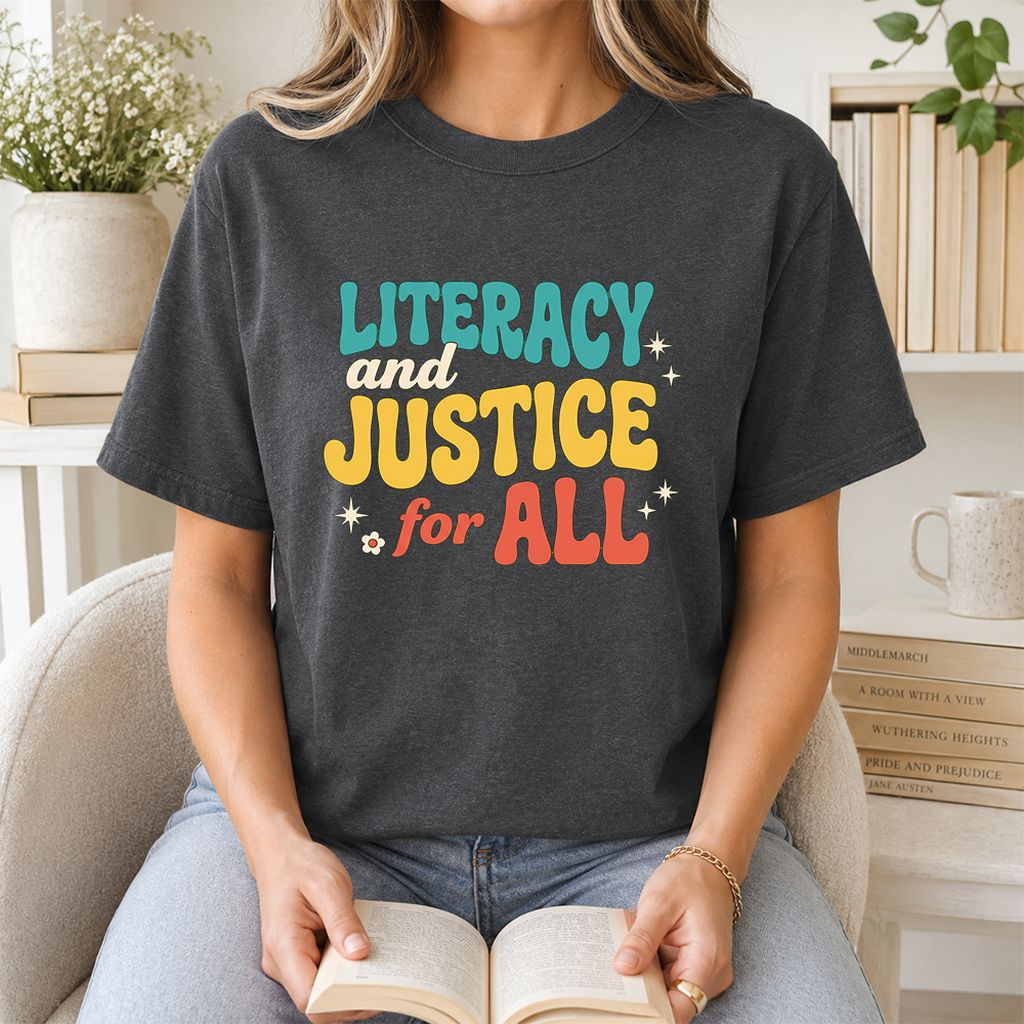 Literacy And Justice For All Printed T-Shirt | Banned Books Book Lover Gift Dark Heather
