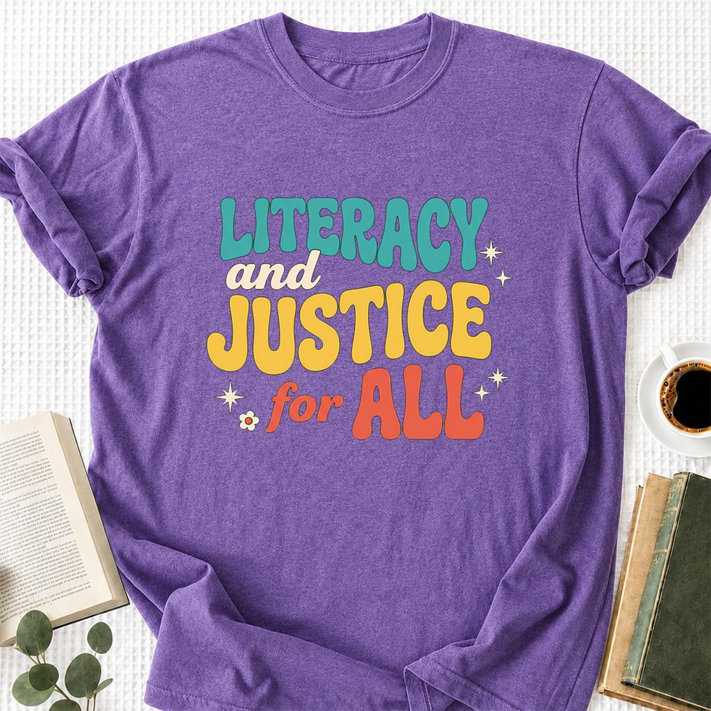 Literacy And Justice For All Printed T-Shirt | Banned Books Book Lover Gift Heather Purple