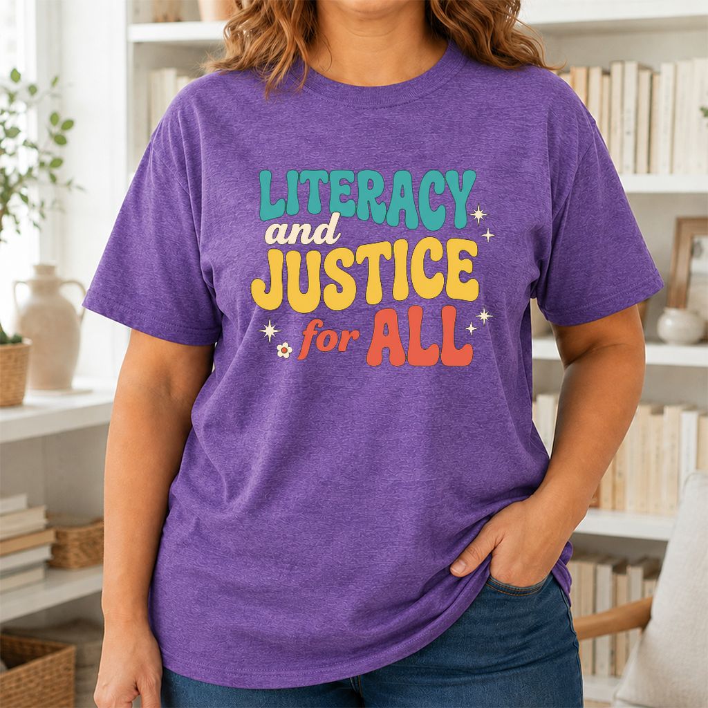 Literacy And Justice For All Printed T-Shirt | Banned Books Book Lover Gift Heather Purple