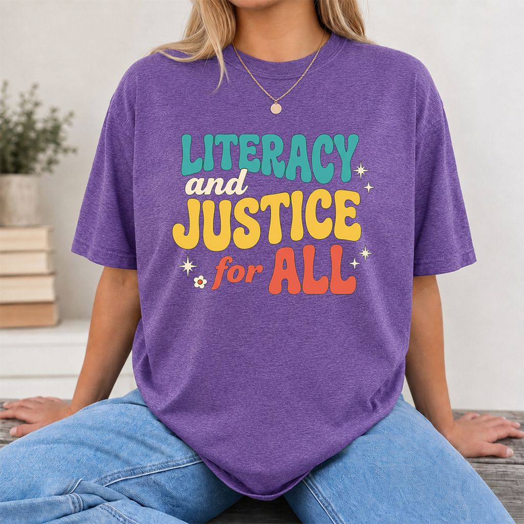 Literacy And Justice For All Printed T-Shirt | Banned Books Book Lover Gift Heather Purple
