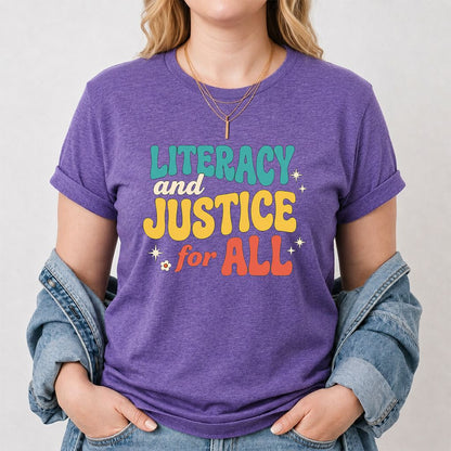 Literacy And Justice For All Printed T-Shirt | Banned Books Book Lover Gift Heather Purple