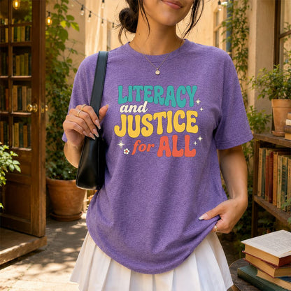 Literacy And Justice For All Printed T-Shirt | Banned Books Book Lover Gift Heather Purple