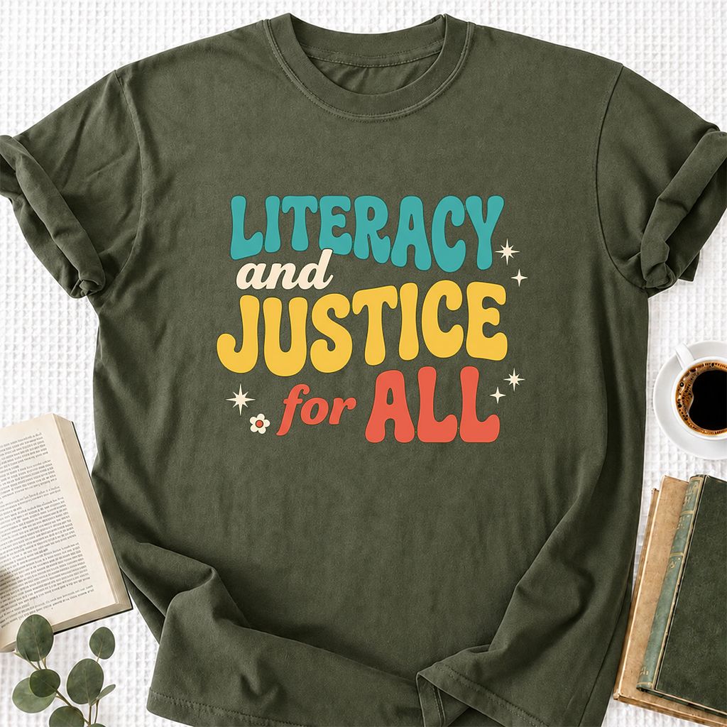 Literacy And Justice For All Printed T-Shirt | Banned Books Book Lover Gift Military Green