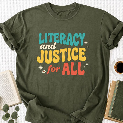 Literacy And Justice For All Printed T-Shirt | Banned Books Book Lover Gift Military Green