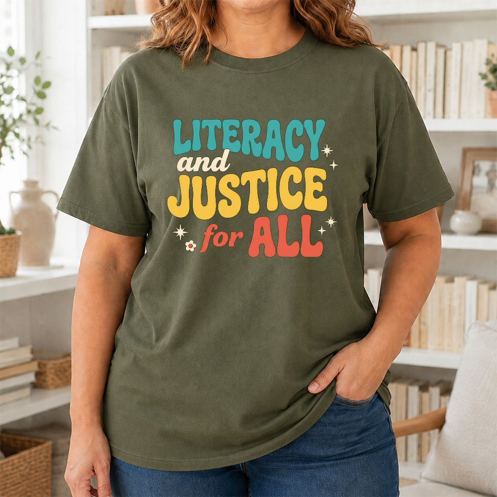 Literacy And Justice For All Printed T-Shirt | Banned Books Book Lover Gift Military Green