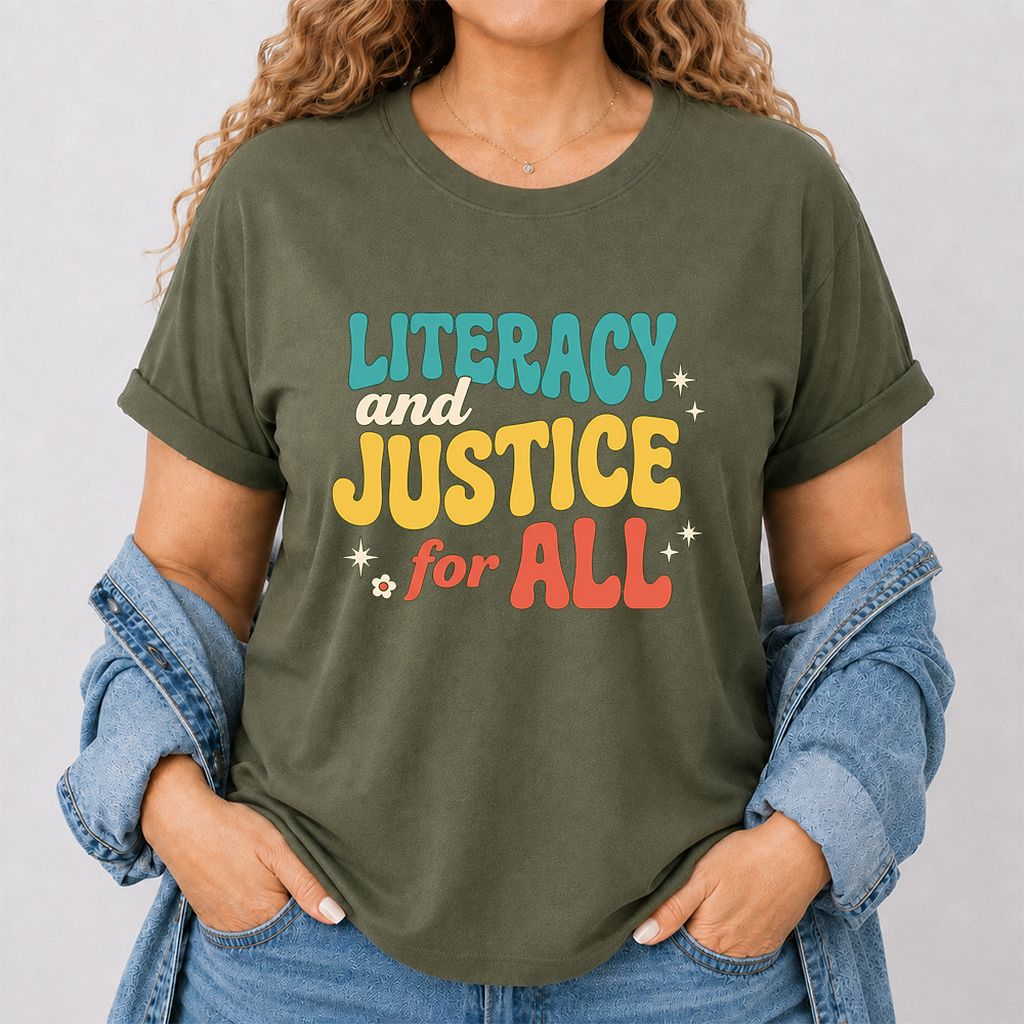 Literacy And Justice For All Printed T-Shirt | Banned Books Book Lover Gift Military Green