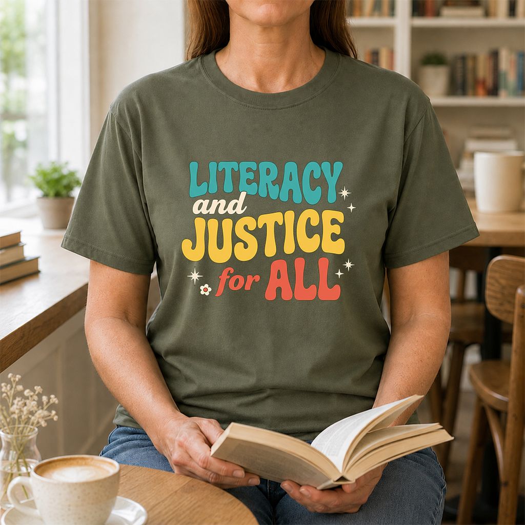 Literacy And Justice For All Printed T-Shirt | Banned Books Book Lover Gift Military Green