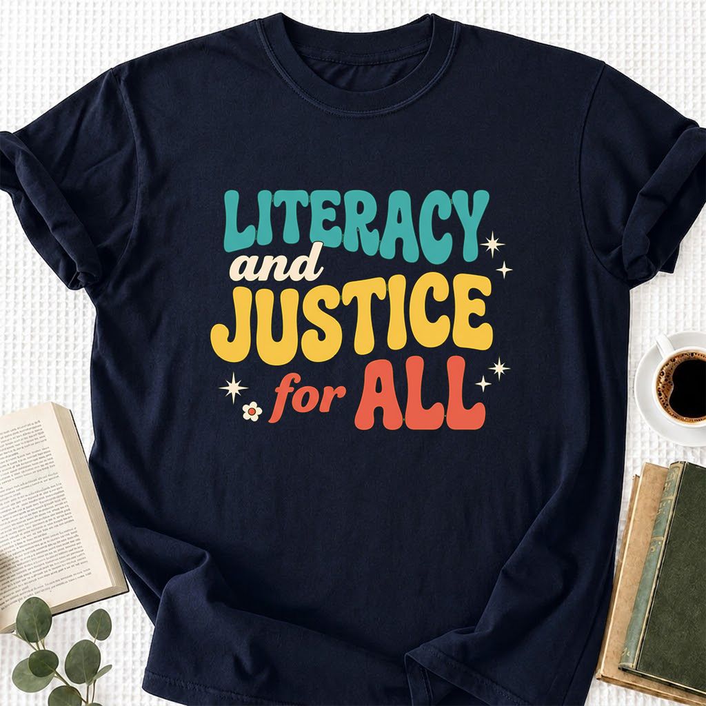 Literacy And Justice For All Printed T-Shirt | Banned Books Book Lover Gift Navy