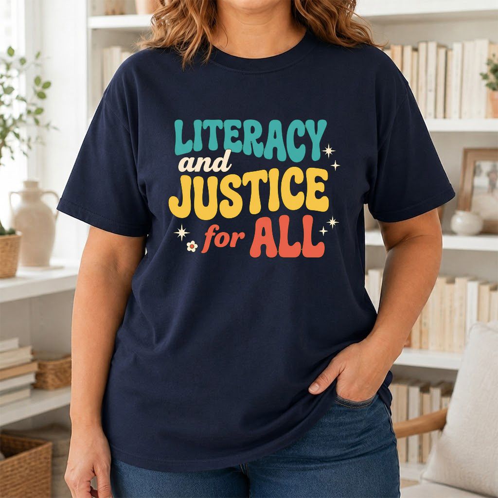 Literacy And Justice For All Printed T-Shirt | Banned Books Book Lover Gift Navy