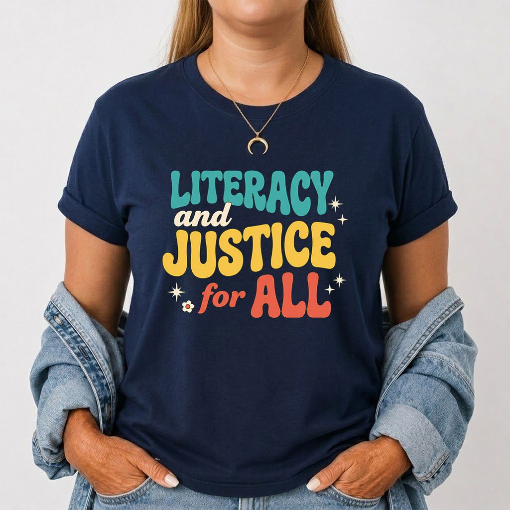 Literacy And Justice For All Printed T-Shirt | Banned Books Book Lover Gift Navy