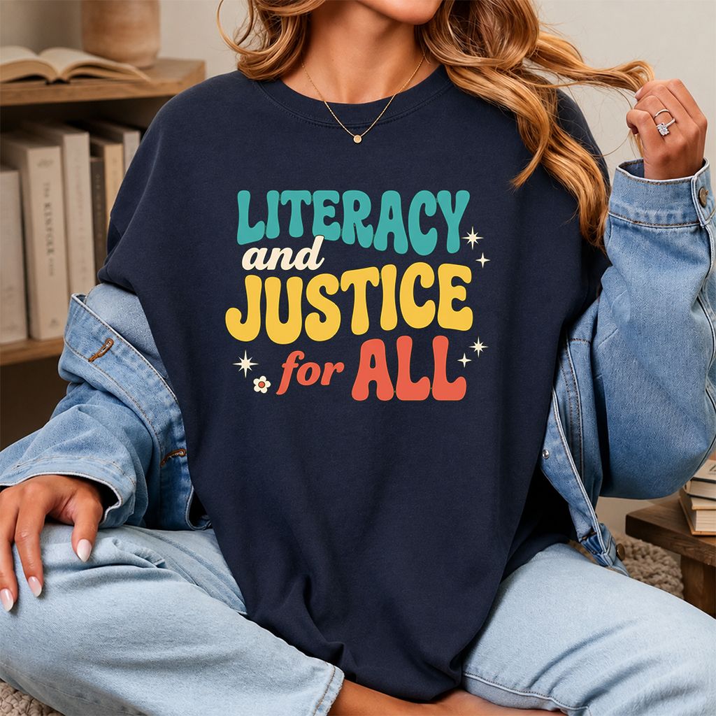 Literacy And Justice For All Printed T-Shirt | Banned Books Book Lover Gift Navy