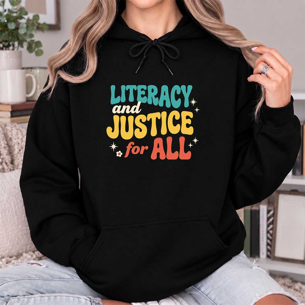 Literacy And Justice For All Softstyle Hoodie | Banned Books Book Lover Gift Black