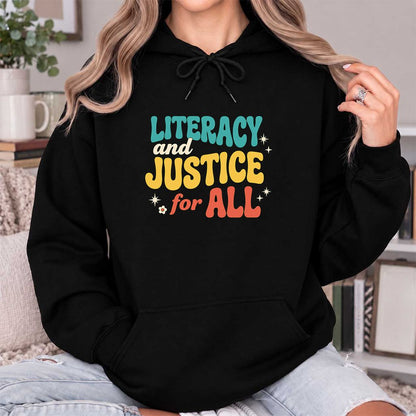 Literacy And Justice For All Softstyle Hoodie | Banned Books Book Lover Gift Black