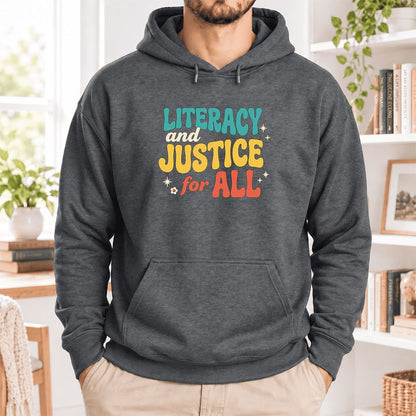 Literacy And Justice For All Softstyle Hoodie | Banned Books Book Lover Gift Dark Heather