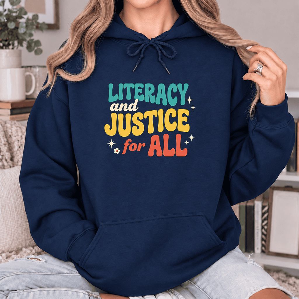 Literacy And Justice For All Softstyle Hoodie | Banned Books Book Lover Gift Navy