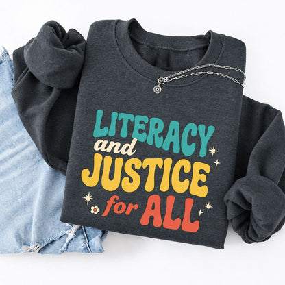 Literacy And Justice For All Softstyle Sweatshirt | Banned Books Book Lover Gift Dark Heather