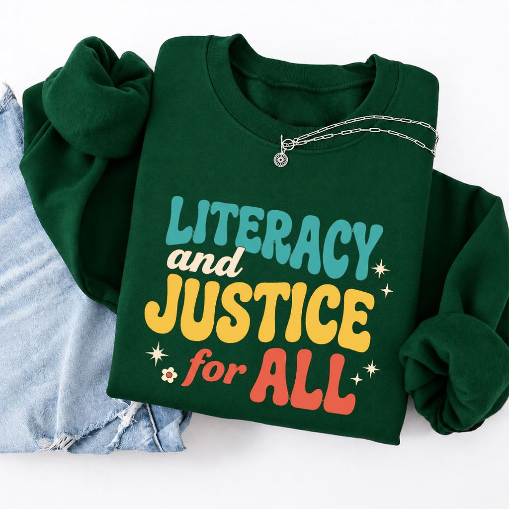 Literacy And Justice For All Softstyle Sweatshirt | Banned Books Book Lover Gift Forest Green