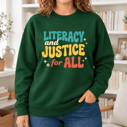 Literacy And Justice For All Softstyle Sweatshirt | Banned Books Book Lover Gift Forest Green