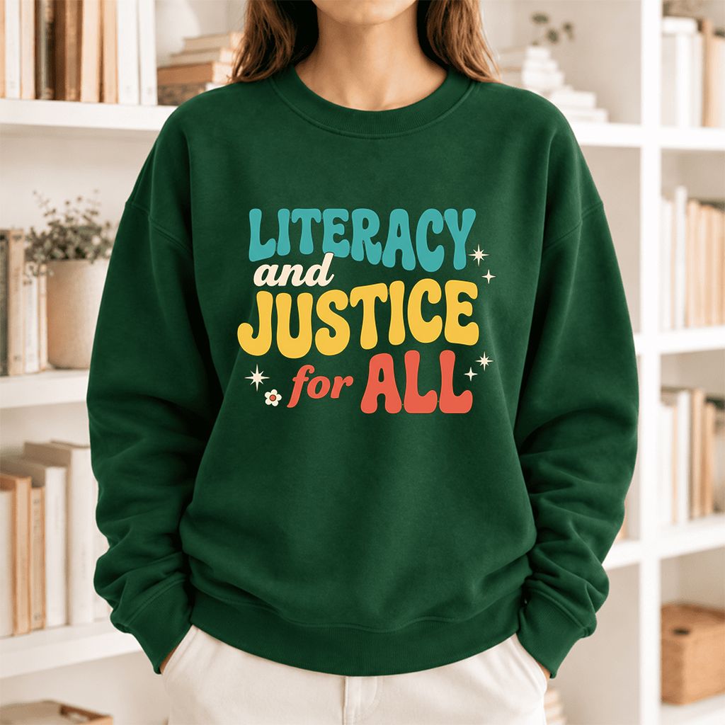 Literacy And Justice For All Softstyle Sweatshirt | Banned Books Book Lover Gift Forest Green