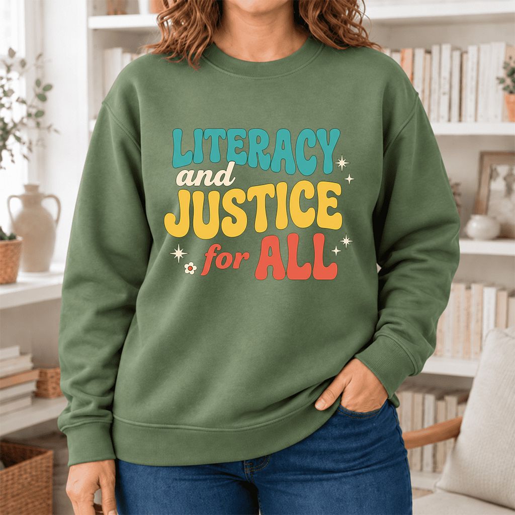 Literacy And Justice For All Softstyle Sweatshirt | Banned Books Book Lover Gift Military Green