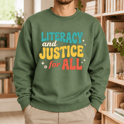 Literacy And Justice For All Softstyle Sweatshirt | Banned Books Book Lover Gift Military Green
