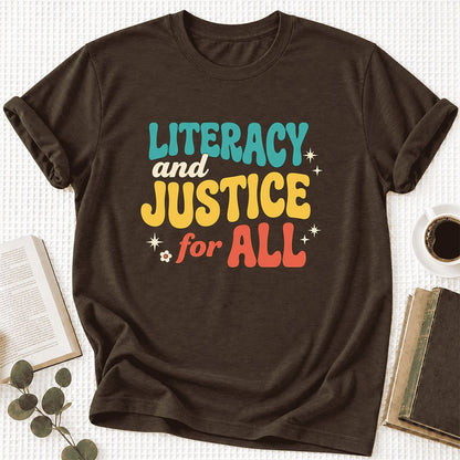 Literacy And Justice For All Ultra-Soft Cotton T-Shirt | Gift Brown