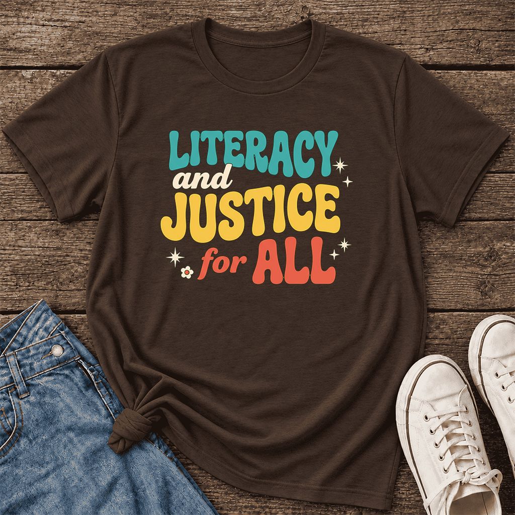 Literacy And Justice For All Ultra-Soft Cotton T-Shirt | Gift Brown