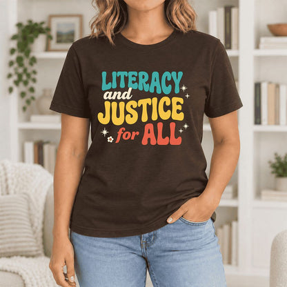 Literacy And Justice For All Ultra-Soft Cotton T-Shirt | Gift Brown