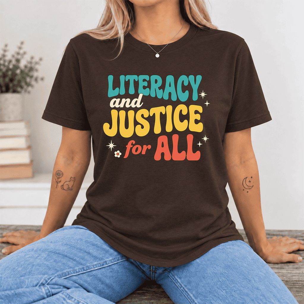 Literacy And Justice For All Ultra-Soft Cotton T-Shirt | Gift Brown