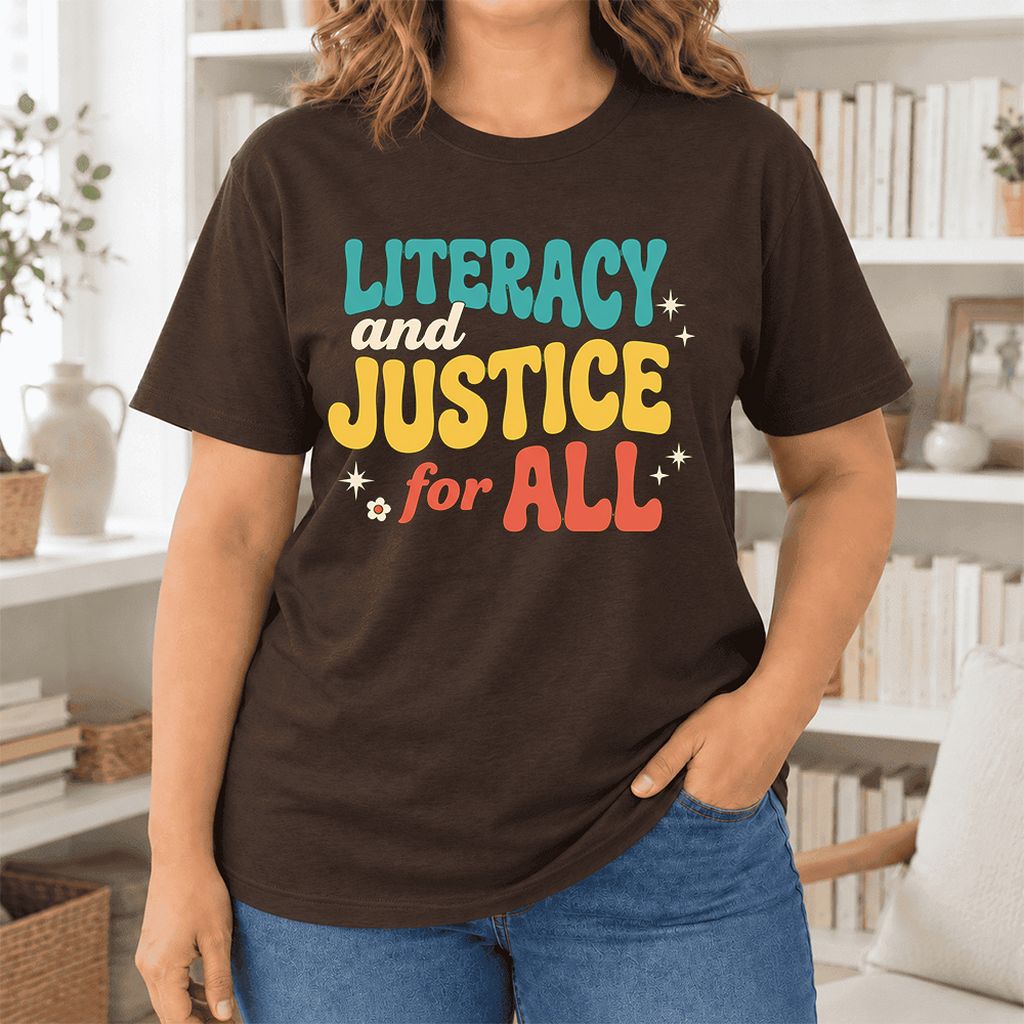 Literacy And Justice For All Ultra-Soft Cotton T-Shirt | Gift Brown