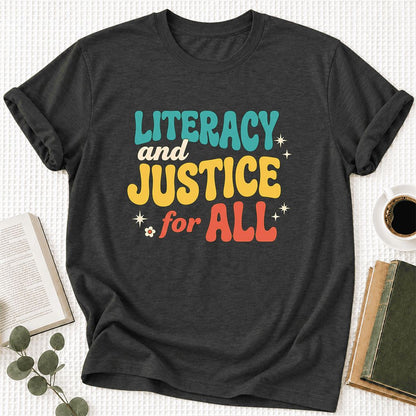 Literacy And Justice For All Ultra-Soft Cotton T-Shirt | Gift Dark Grey Heather
