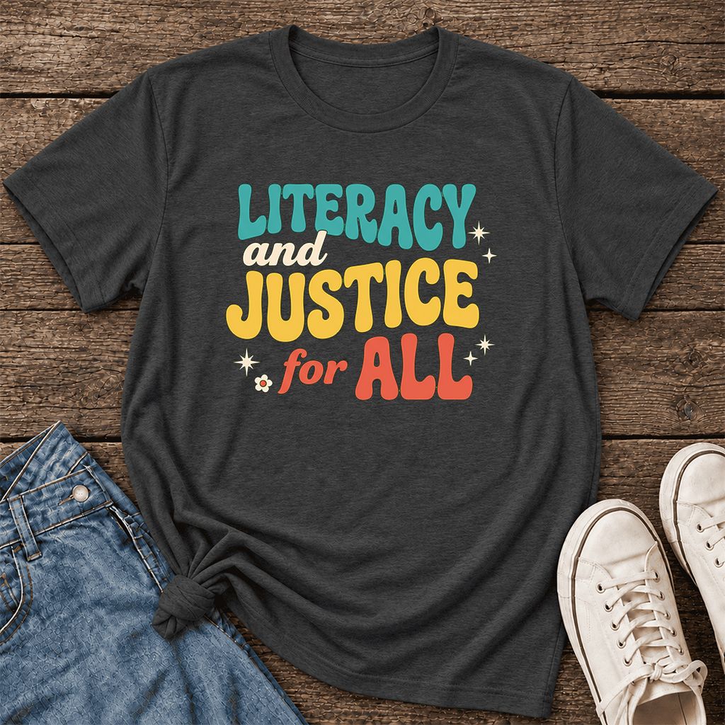 Literacy And Justice For All Ultra-Soft Cotton T-Shirt | Gift Dark Grey Heather