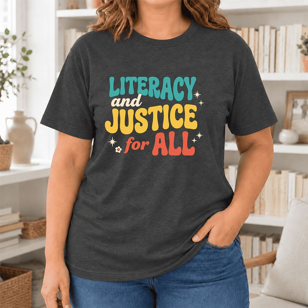 Literacy And Justice For All Ultra-Soft Cotton T-Shirt | Gift Dark Grey Heather