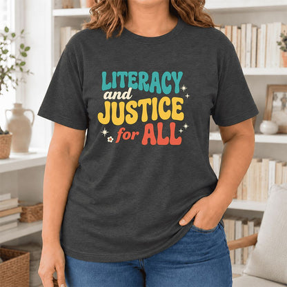 Literacy And Justice For All Ultra-Soft Cotton T-Shirt | Gift Dark Grey Heather