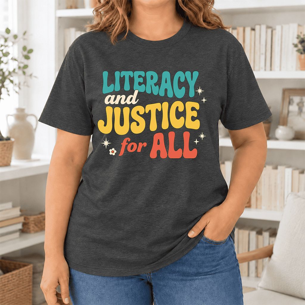 Literacy And Justice For All Ultra-Soft Cotton T-Shirt | Gift Dark Grey Heather