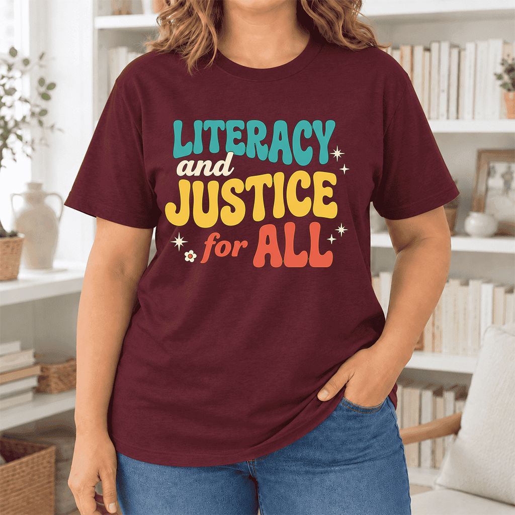 Literacy And Justice For All Ultra-Soft Cotton T-Shirt | Gift Maroon