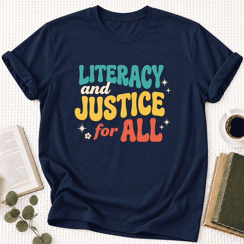 Literacy And Justice For All Ultra-Soft Cotton T-Shirt | Gift Navy
